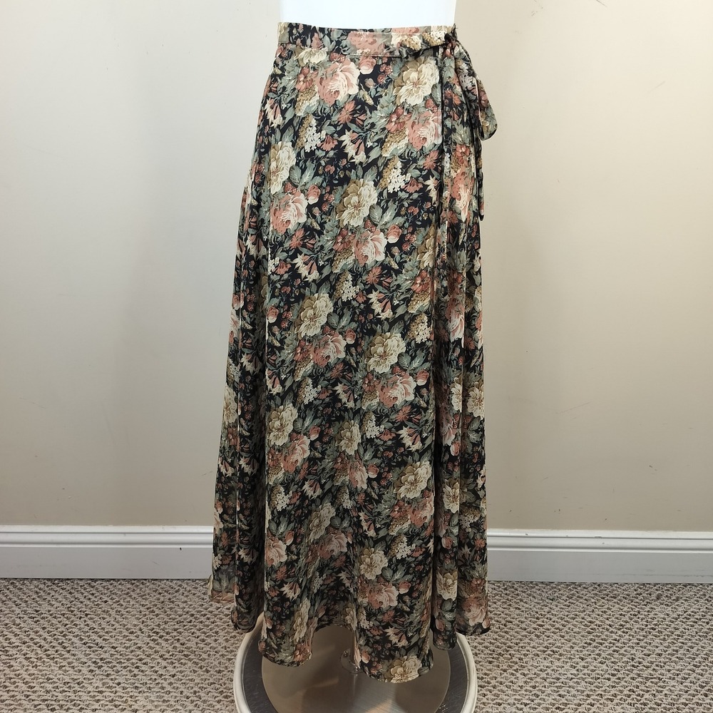 Vintage Express Floral Wrap Maxi Skirt Small 90s Moody Romantic Feminine Cottage
